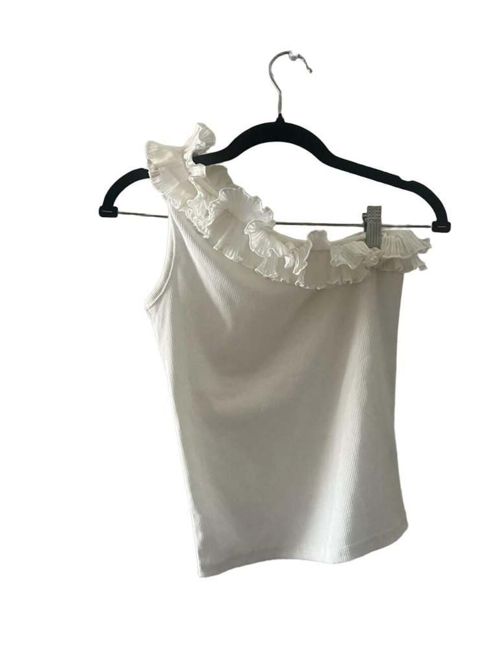 White One Shoulder Ribbed Tank Top With Ruffle Trim - Picture 4 of 4